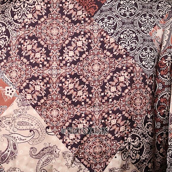 Eclair Satin Western Paisley Print Puff Sleeve Tie Front Blouse Plum Size S - Picture 6 of 10